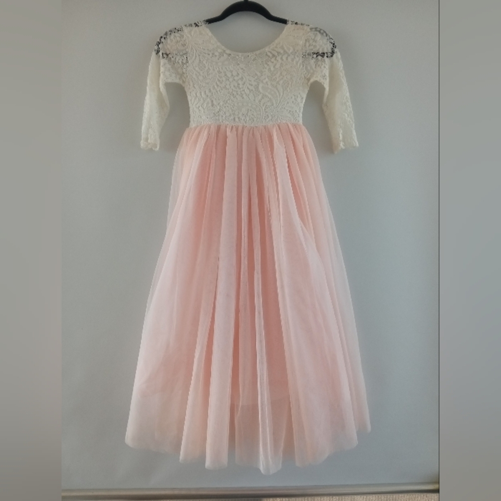 2Bunnies Lace & Tulle Flower Girl Formal Maxi Dress Cream Pink Size 7-8Y - Picture 2 of 9
